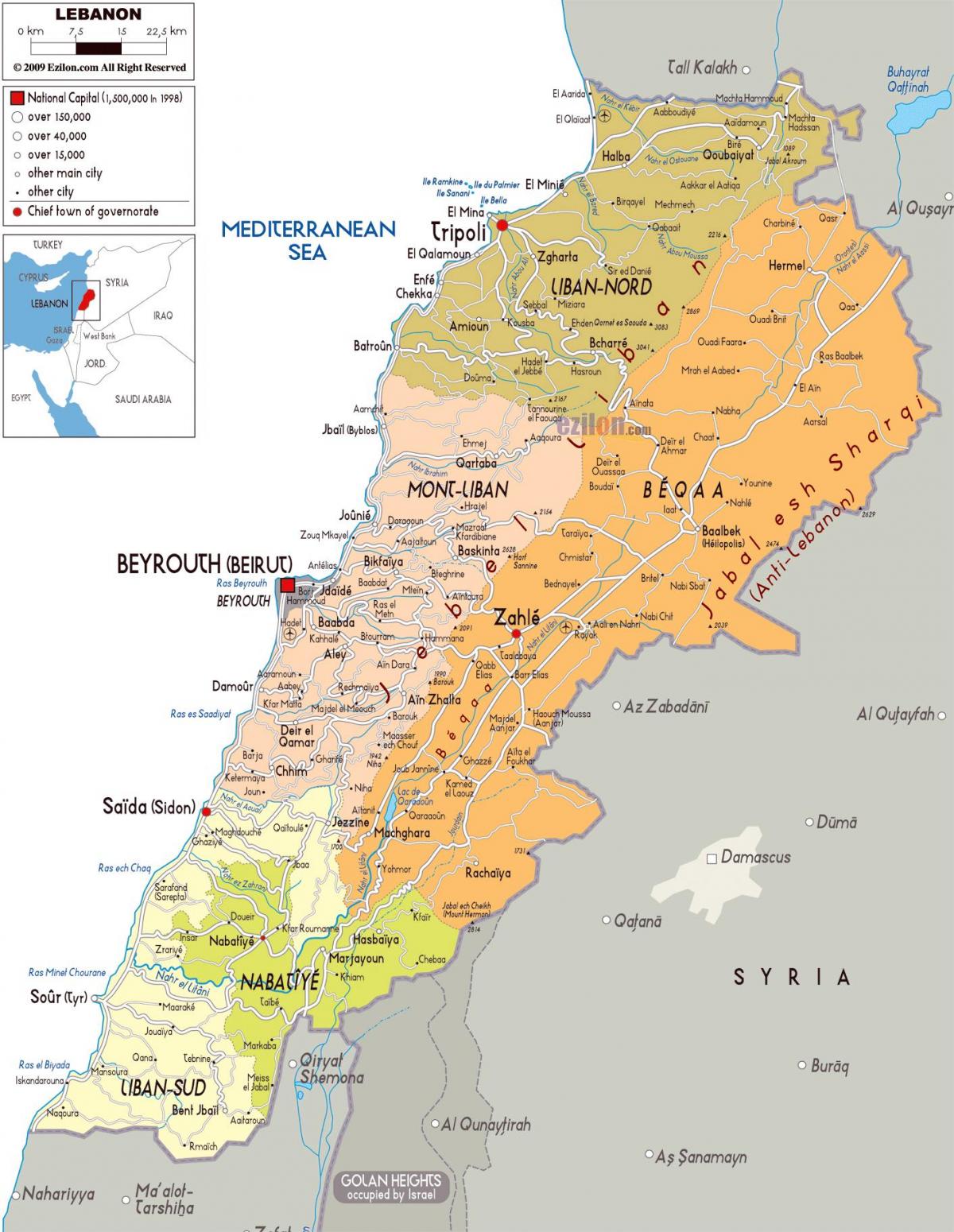 Libanon detaljeret kort