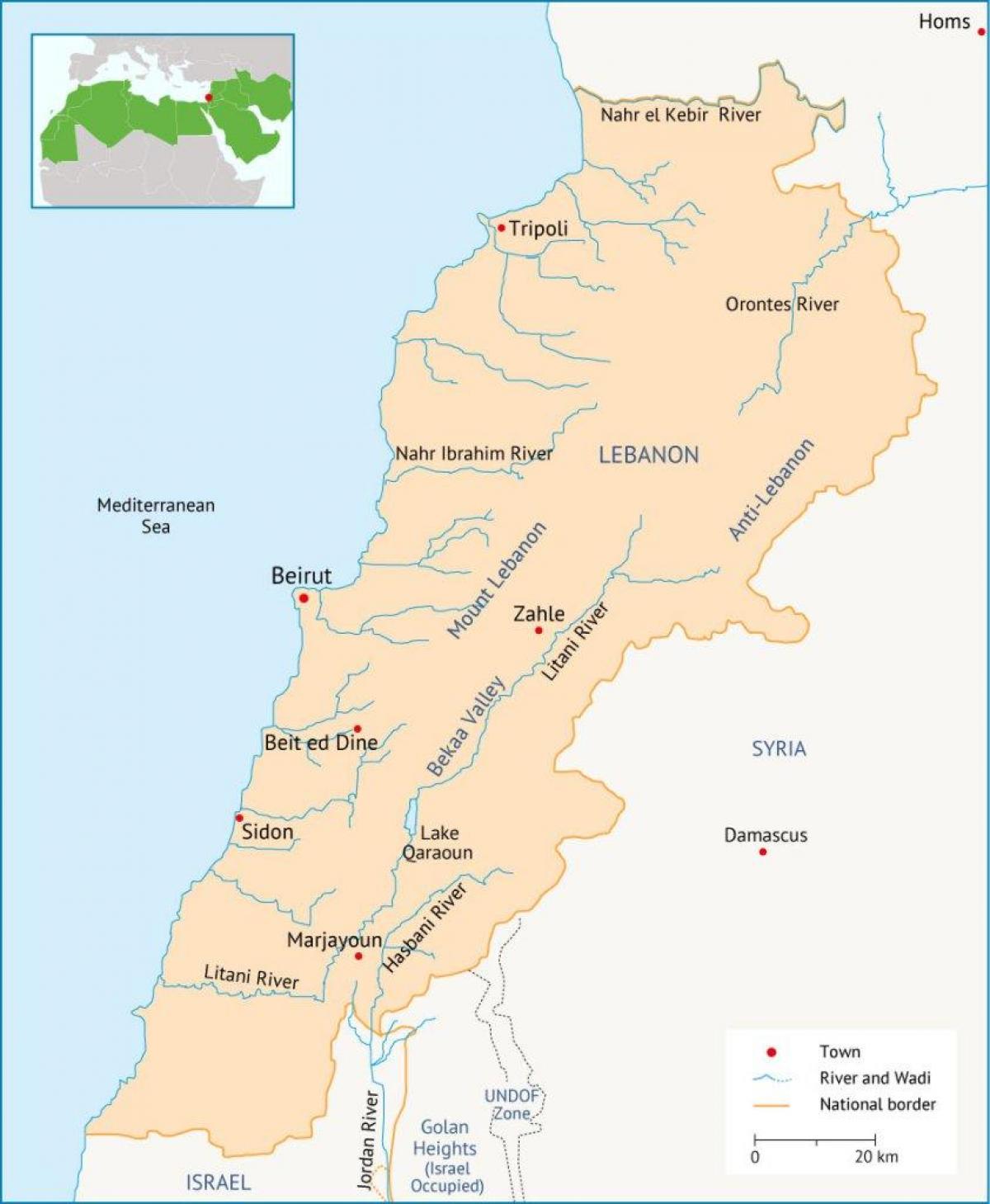 Libanon floder kort