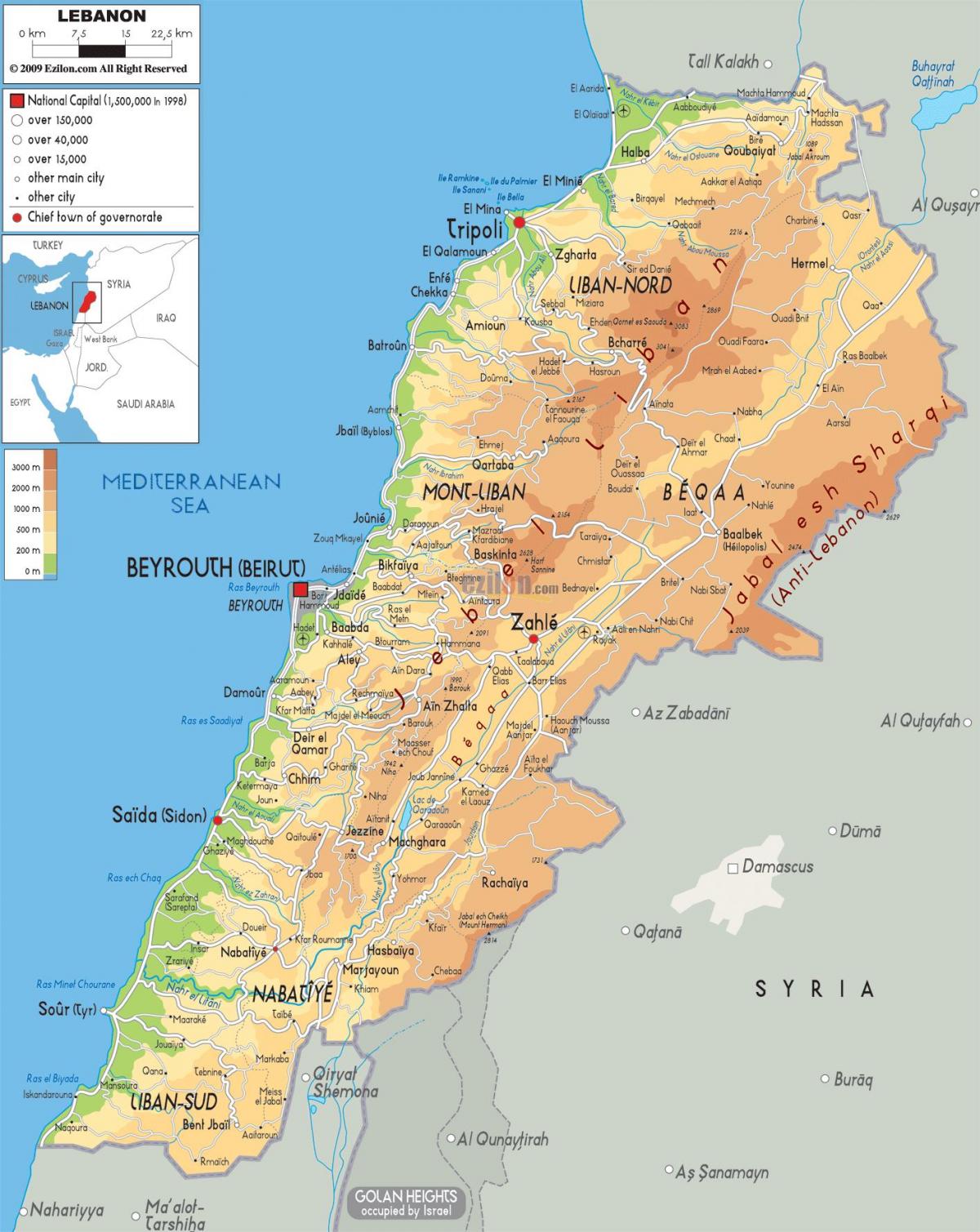 kort over Libanon fysiske