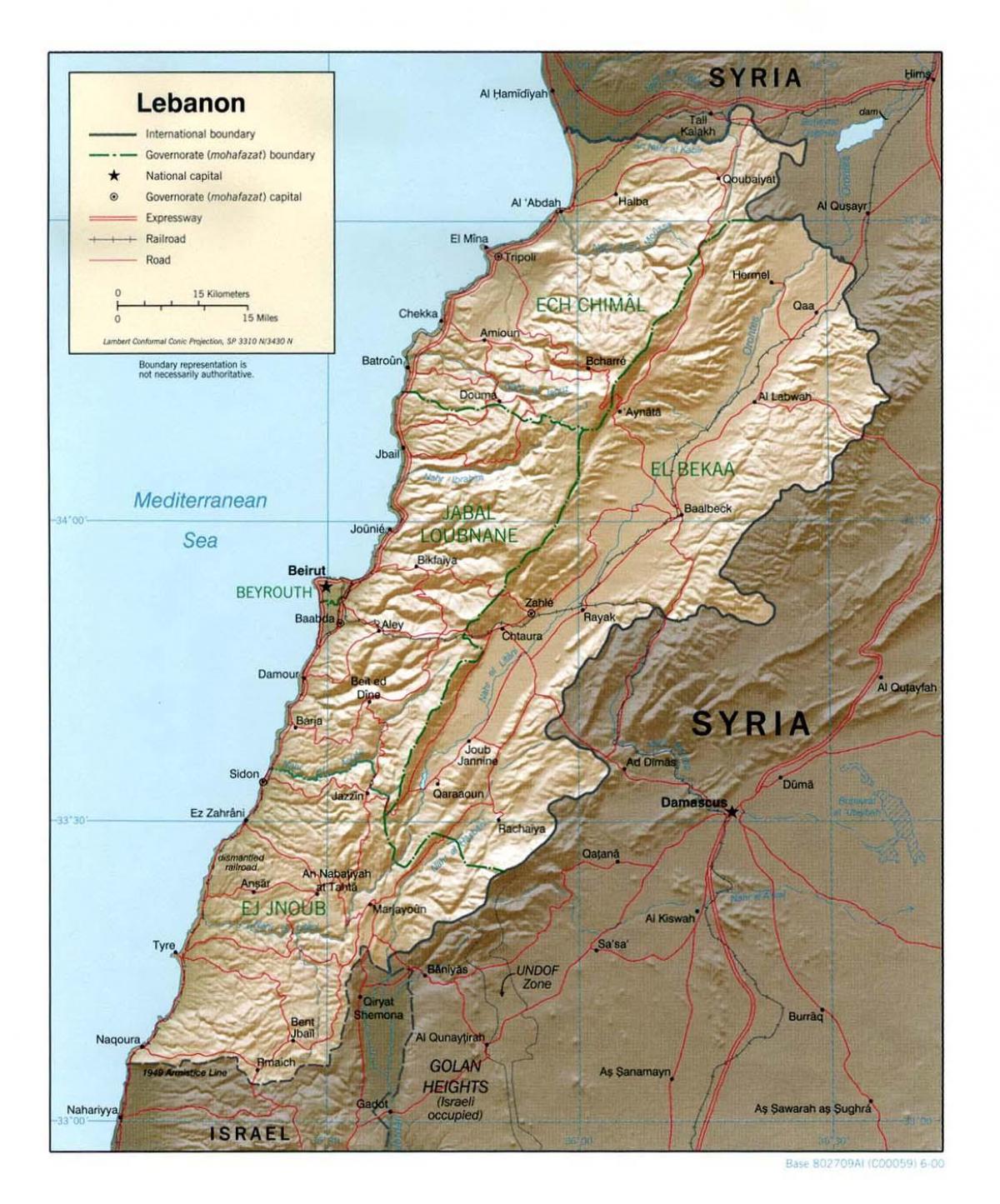 kort over Libanon topografisk